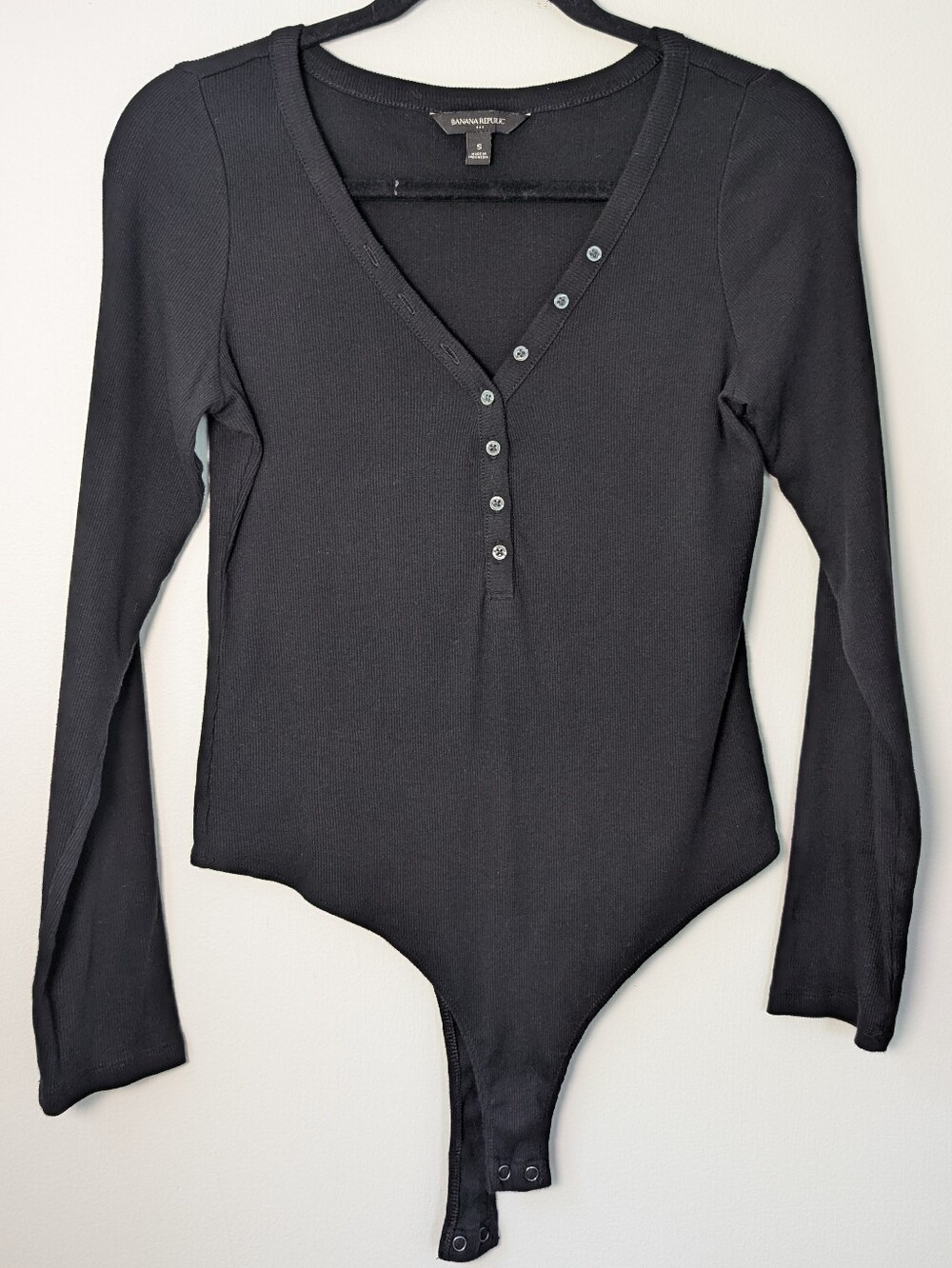 Banana Republic Women Black Ribbed Henley Long Sleeve Bodysuit S 803364-01